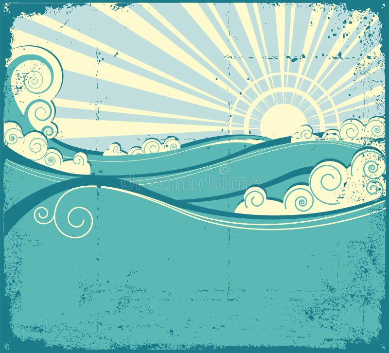 Onde del mare. Illustrazione dell'annata del paesaggio del mare illustrazione di stock Onde del mare. Illustrazione dell'annata del paesaggio del mare illustrazione di stock