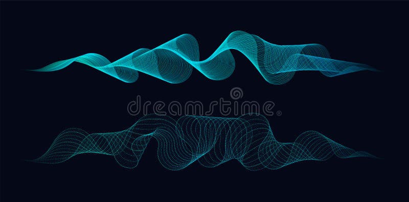 Onde dinamiche astratte delle linee e dei punti che circolano sul fondo scuro Concetto di scienza delle onde di musica o di tecno illustrazione di stock Onde dinamiche astratte delle linee e dei punti che circolano sul fondo scuro Concetto di scienza delle onde di musica o di tecno illustrazione di stock
