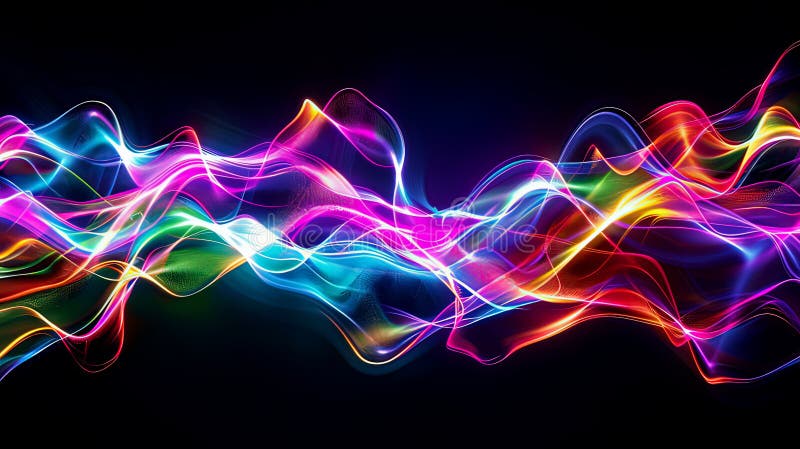 Onde luminose astratte colorate su uno sfondo nero che mostrano linee di neon vibranti e energia brillante in un'arte digitale din royalty illustrazione gratis