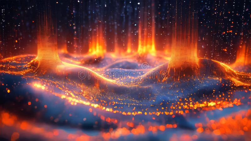 Onde numérique abstraite avec particules brillantes. forme futuriste avec profondeur de champ et bokeh illustration de vecteur