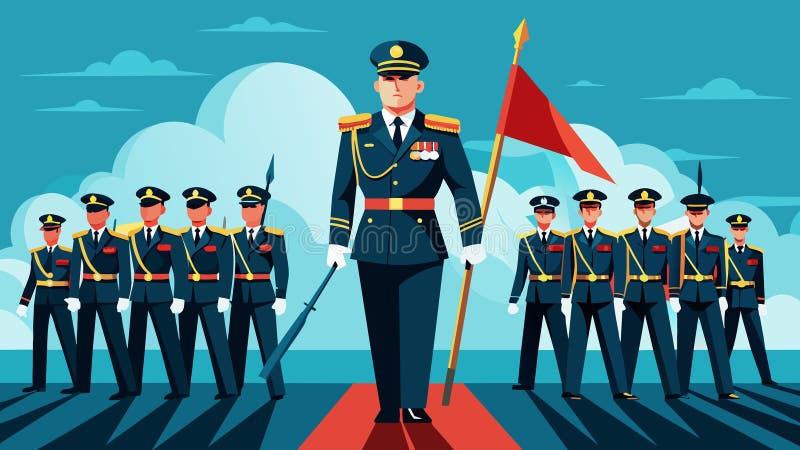 Led by a commanding officer the honor guard marches forward with unwavering determination embodying the courage and resilience of their nation.. Vector illustration AI generated. Led by a commanding officer the honor guard marches forward with unwavering determination embodying the courage and resilience of their nation.. Vector illustration AI generated