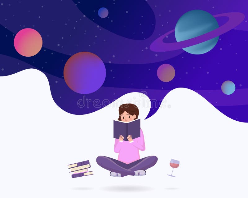 Ondergedompeld in afleesmetafoor-vectorillustratie Jonge meid in lotus geniet van sci-fi-literatuur, fantasie-roman royalty-vrije illustratie Ondergedompeld in afleesmetafoor-vectorillustratie Jonge meid in lotus geniet van sci-fi-literatuur, fantasie-roman royalty-vrije illustratie