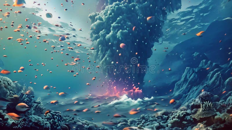 Onderwaterbeeld van een vulkaanuitbarsting die lava in de oceaan uitstrooit en onder zee vulkaanuitbarsting veroorzaakt door een g