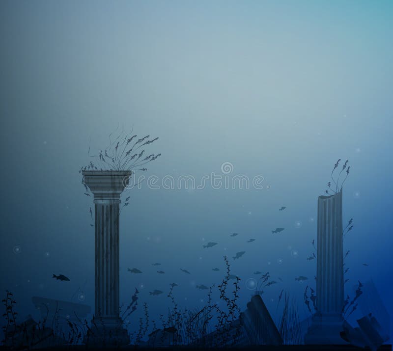 Onderwaterlandschap met oude ruïnes van kolommen, vissen, alge en bellen, geheim van Atlantis, vector illustratie Onderwaterlandschap met oude ruïnes van kolommen, vissen, alge en bellen, geheim van Atlantis, vector illustratie
