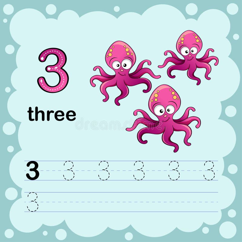 Onderwijsillustratie leren om een aantal drie te tellen en te schrijven Aantekenvel voor kleuterschool en kleuterschool octopus vector illustratie Onderwijsillustratie leren om een aantal drie te tellen en te schrijven Aantekenvel voor kleuterschool en kleuterschool octopus vector illustratie