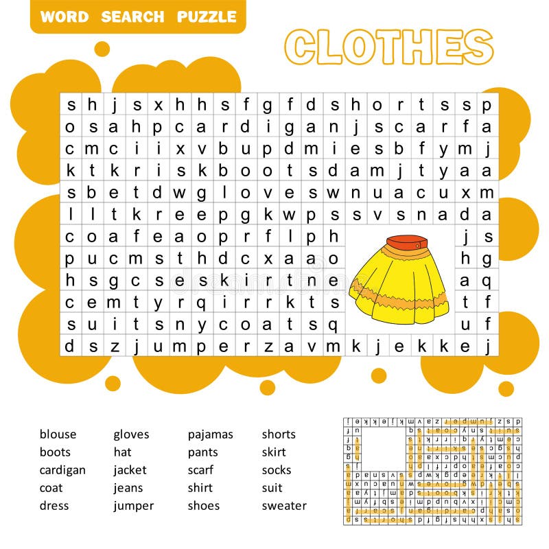 Onderwijsspel voor jonge geitjes Word onderzoeksraadsel met kleren Het blad van de jonge geitjesactiviteit royalty-vrije illustratie Onderwijsspel voor jonge geitjes Word onderzoeksraadsel met kleren Het blad van de jonge geitjesactiviteit royalty-vrije illustratie