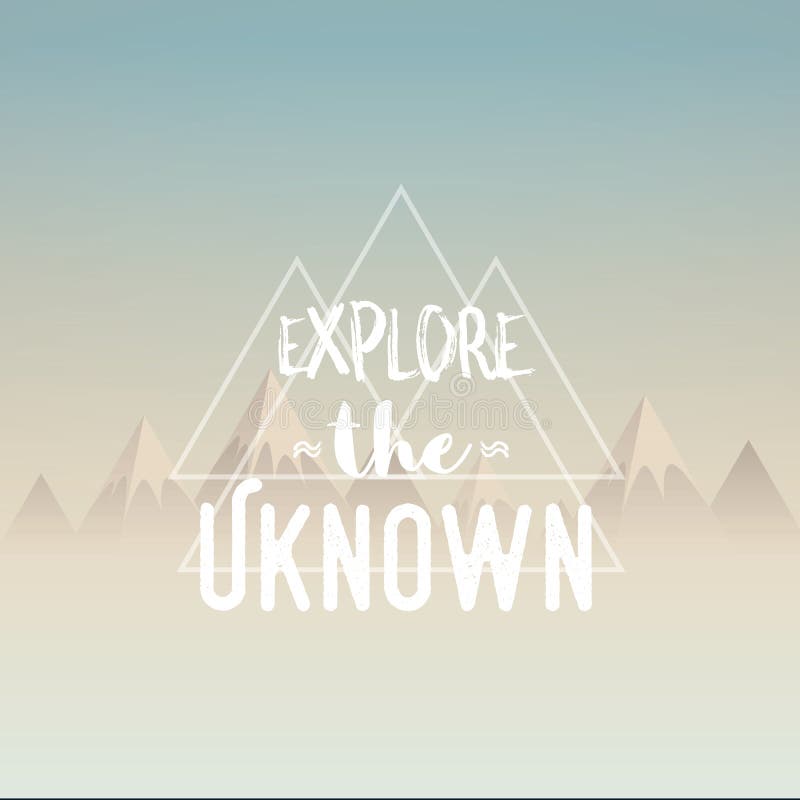 Onderzoek de onbekende conceptenillustratie Het landschap van veelhoekbergen in ochtendnevel met retro typografiecitaat vector illustratie Onderzoek de onbekende conceptenillustratie Het landschap van veelhoekbergen in ochtendnevel met retro typografiecitaat vector illustratie