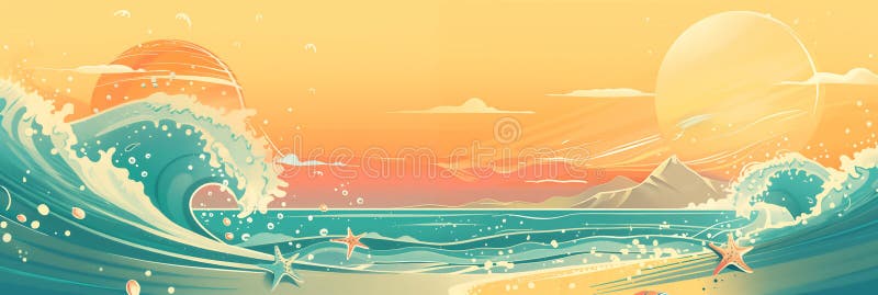 Ocean waves, starfish on shore, large sun setting, vibrant illustration background banner. Panoramic web header. Wide screen wallpaper. AI generated. Ocean waves, starfish on shore, large sun setting, vibrant illustration background banner. Panoramic web header. Wide screen wallpaper. AI generated