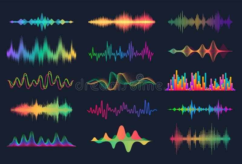 Sound waves. Frequency audio waveform, music wave HUD interface elements, voice graph signal. Vector audio electronic color wave set. Sound waves. Frequency audio waveform, music wave HUD interface elements, voice graph signal. Vector audio electronic color wave set