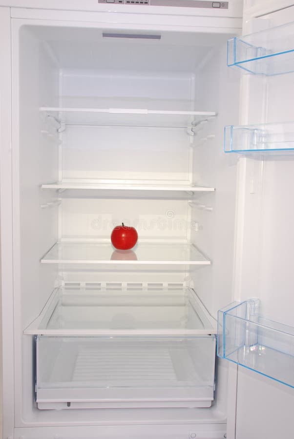 One Apple in Open Empty Refrigerator. Stock Image Image of food