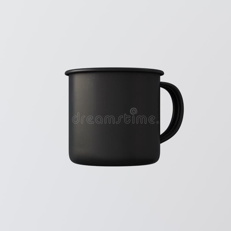 One Blank Matte Black Color Metal Coffee Mug Isolated Empty Background. Clean Enamel Cup Mockup Ready Corporate Design