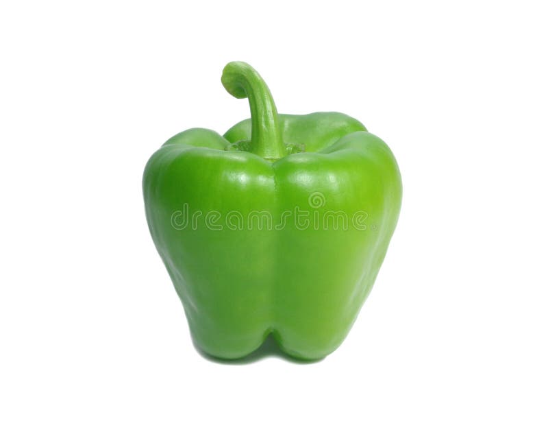 One bright green ripe bell pepper with stem isolated on white background