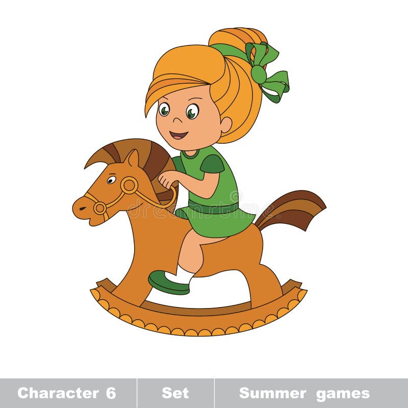 One cartoon baby girl play her rocking horse. Baby character. Game for children.