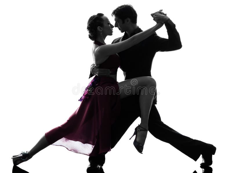 Couple man woman ballroom dancers tangoing silhouette