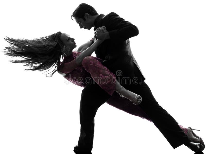 Couple man woman ballroom dancers tangoing silhouette