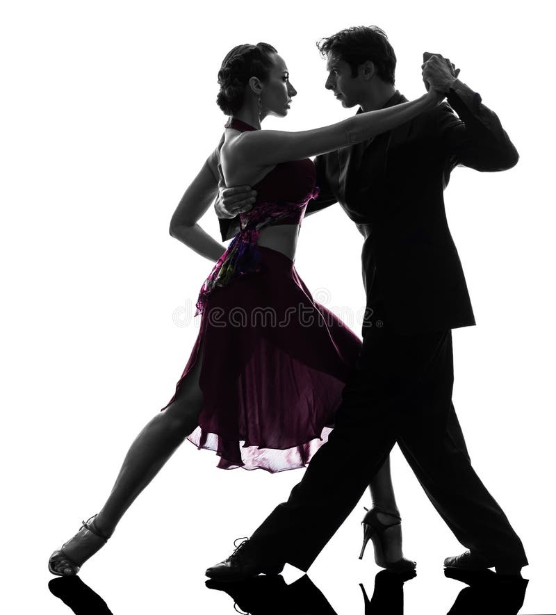 Couple man woman ballroom dancers tangoing silhouette