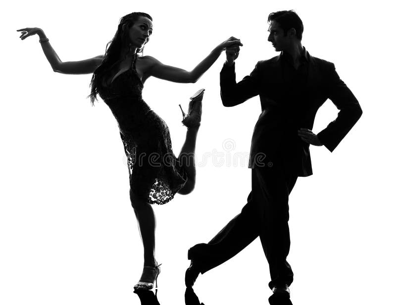 Couple man woman ballroom dancers tangoing silhouette