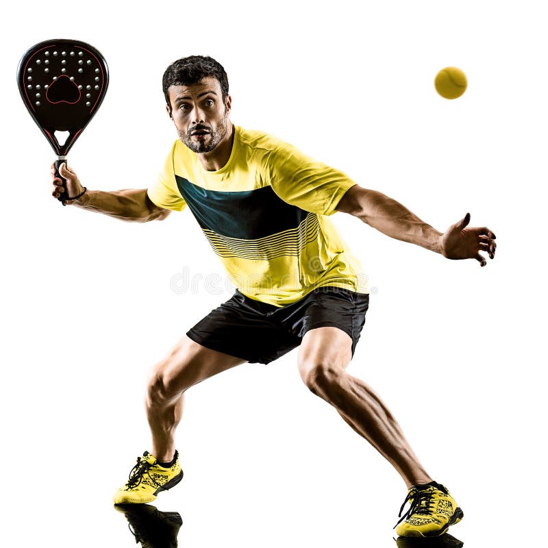 One caucasian man playing Padel tennis player isolated on white background. One caucasian man playing Padel tennis player isolated on white background