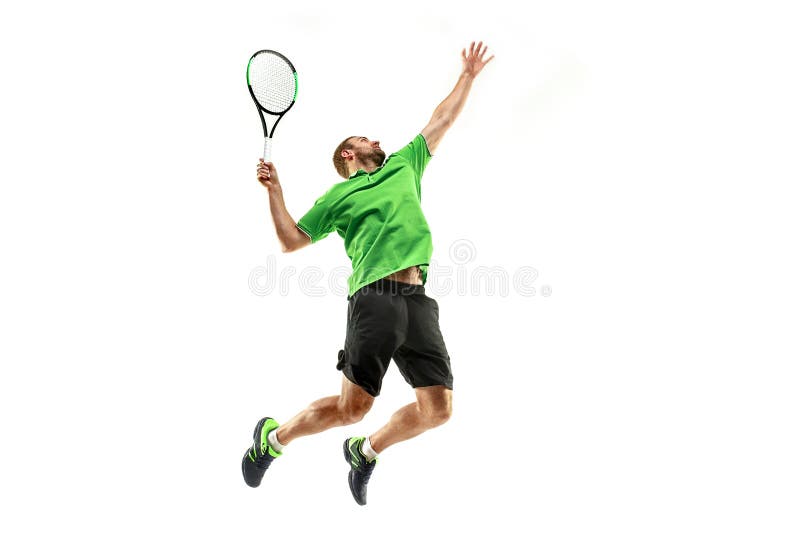 The one caucasian man playing tennis isolated on white background. Studio shot of fit young player at studio in motion or movement during sport game. The one caucasian man playing tennis isolated on white background. Studio shot of fit young player at studio in motion or movement during sport game..