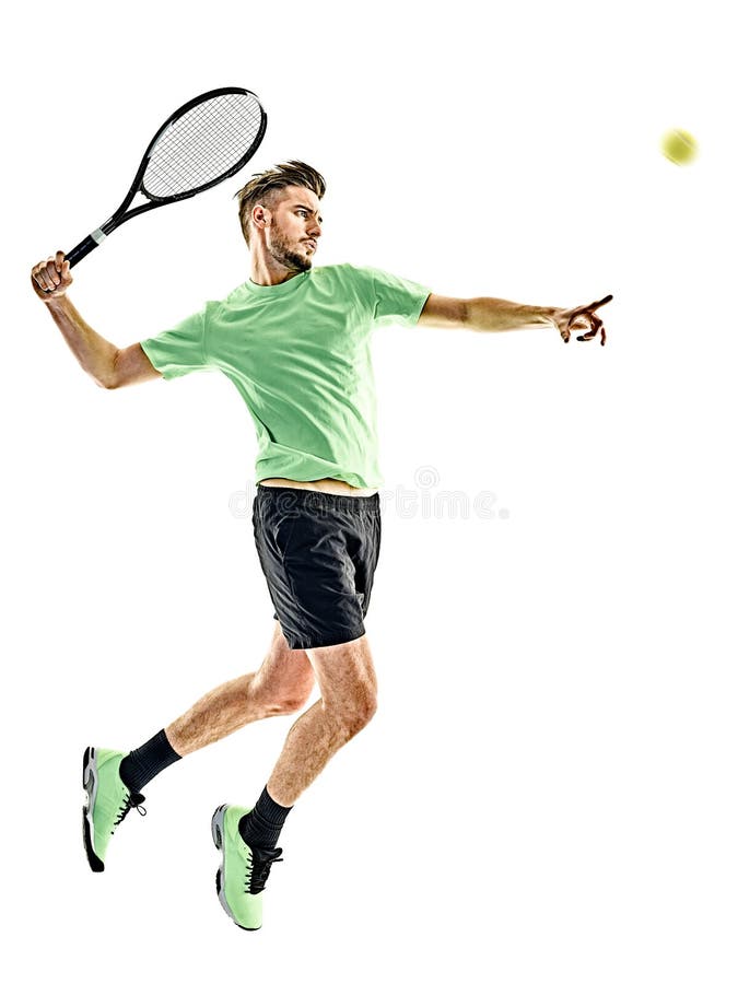 One caucasian man playing tennis player isolated on white background. One caucasian man playing tennis player isolated on white background