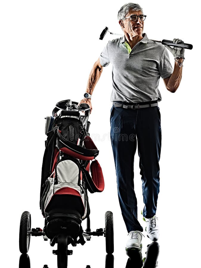 Senior man golfer golfing shadow silhouette isolated white back