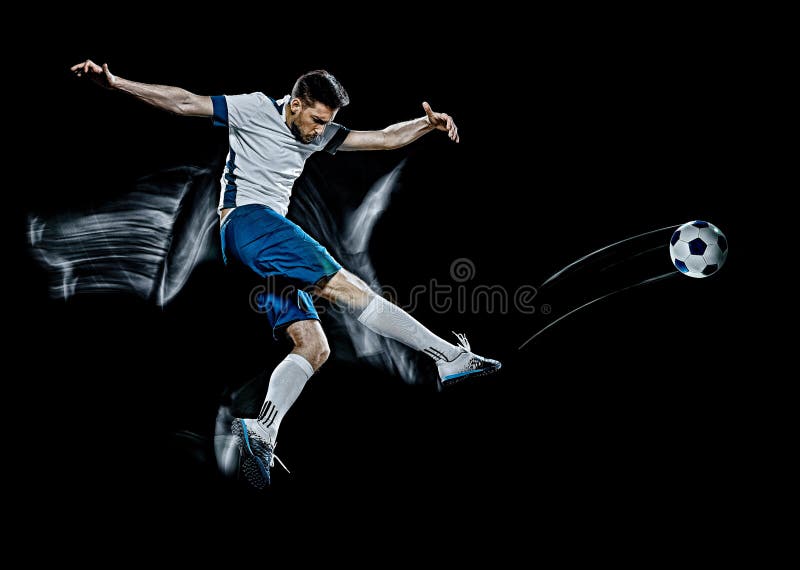 Caucasian soccer player man black background light painting royalty free stock photos Caucasian soccer player man black background light painting royalty free stock photos