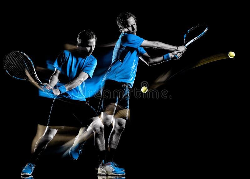 One caucasian tennis player man isolated black background in light painting speed motion multiple exposure. One caucasian tennis player man isolated black background in light painting speed motion multiple exposure