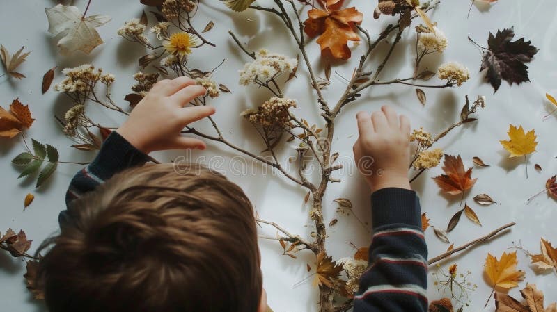 Un copil aranjează cu atenție bucăți mici de frunze uscate și flori pe colajul arborelui genealogic al familiei, dându-i un royalty free stock images