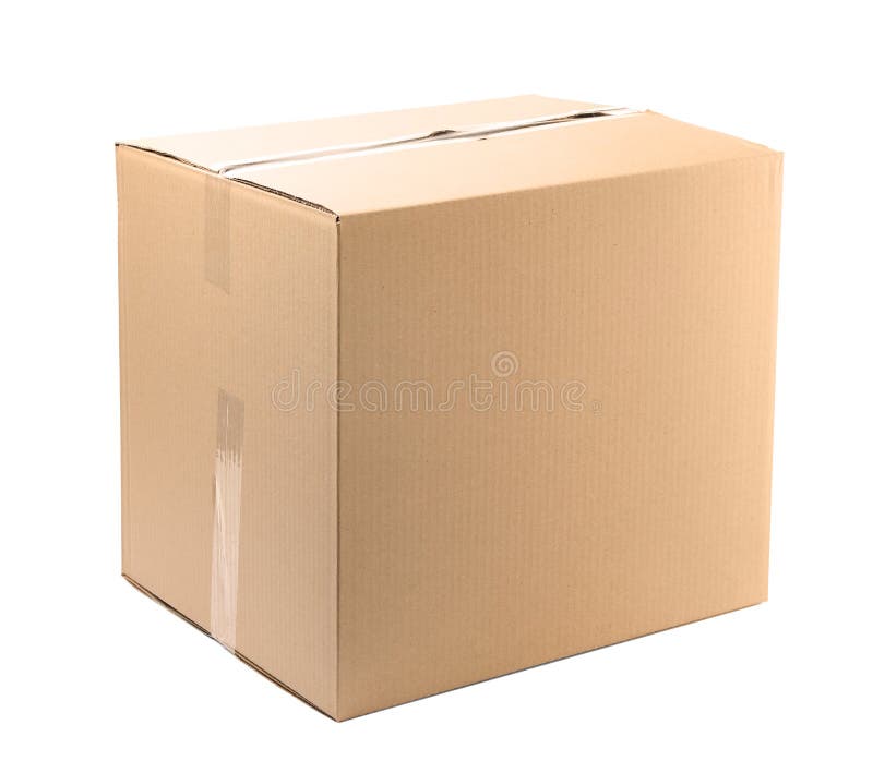 Closed Cardboard Box on Wooden Background, Top View. Stock Photo