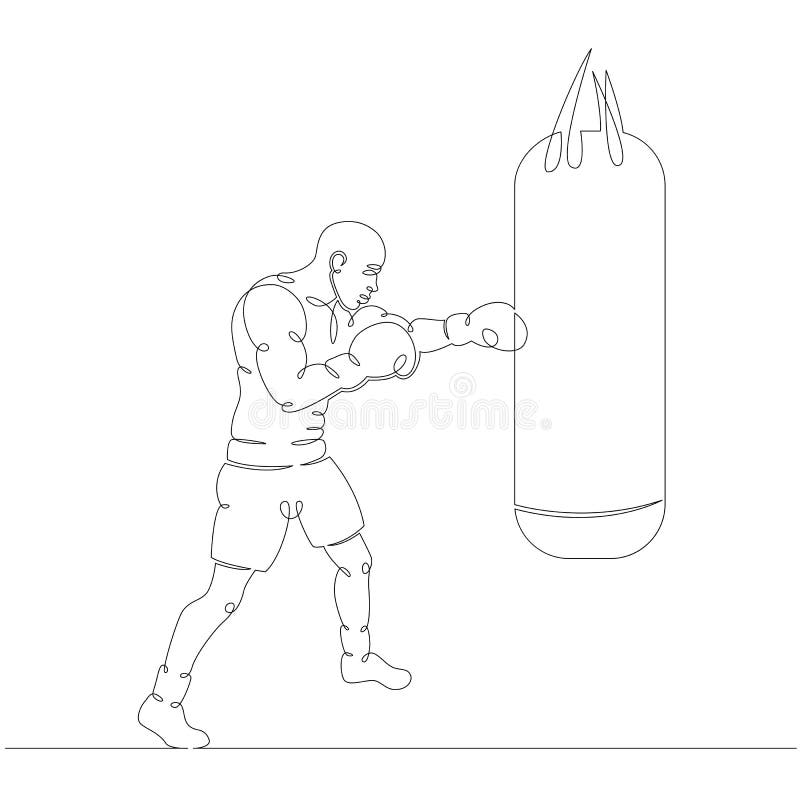 One continuous drawing line athlete Boxer fighter is training boxing is hitting a punching bag. Fights without rules.Mixed martial art  combat sport fighting.Single hand drawn art line doodle outline isolated minimal  illustration cartoon