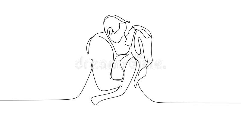 Single one line drawing cute couple in romantic pose. Happy man