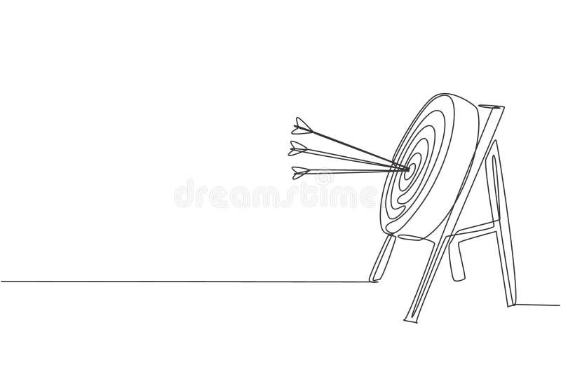 One continuous line drawing of arrows was shot bullseye to archery target, side view. Archery sport training and exercising stock illustration