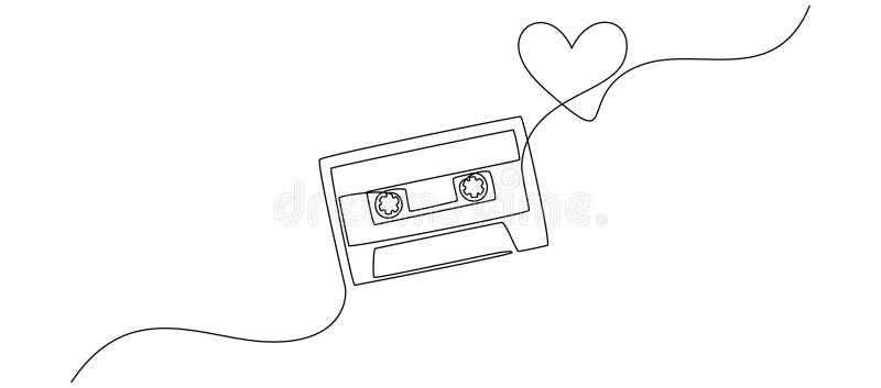 One continuous line drawing of audio cassette tape with heart. Retro and vintage music and love song mix concept in