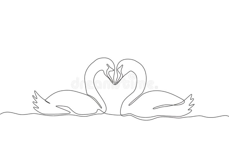 One continuous line drawing of cute swans couple swimming on the lake and their heads formed romantic heart shape. Romantic animal