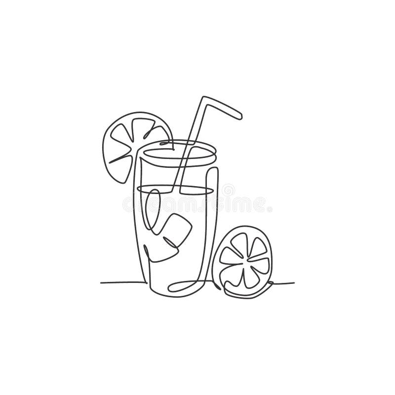 One continuous line drawing of fresh delicious lemonade ice with sliced lemon for restaurant menu. Drink cafe shop logotype