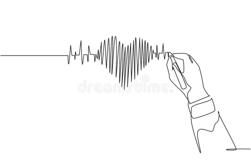 One continuous line drawing of hand drawing human heart beat pulse graph image on whiteboard. Trendy medical health care anatomy