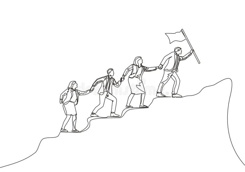 https://thumbs.dreamstime.com/b/one-continuous-line-drawing-male-female-team-member-stick-together-follow-their-leader-who-holds-flag-to-reach-top-hill-180379937.jpg