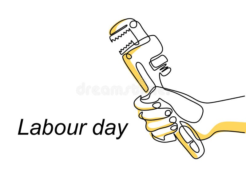 One continuous line drawing of the master`s hand holds a wrench with lettering Labour Day isolated on white background. 1st may