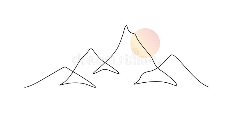One Continuous Line Drawing of Mountain Range Landscape with Color Sun