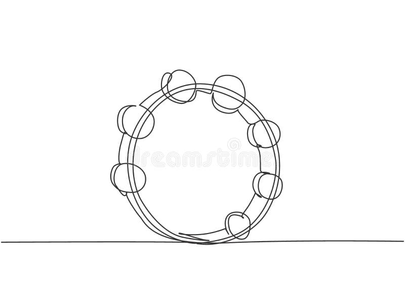 One continuous line drawing of round circle tambourine. Dynamic percussion music instruments concept single line draw graphic stock illustration