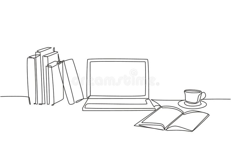 One continuous line drawing of stack of books line up with computer laptop, book and a cup of coffee. Study space desk concept. vector illustration