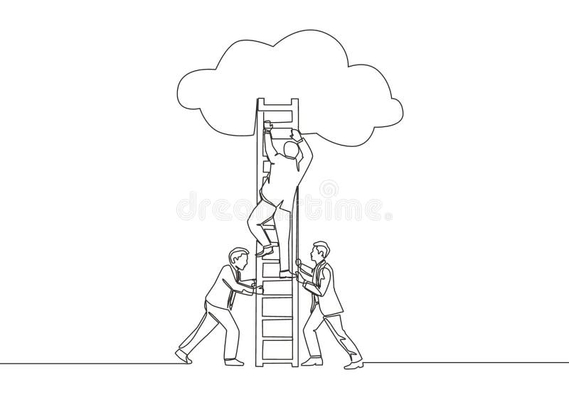 One continuous line drawing of team members support their leader to climb the ladder to reach the sky to reach the success