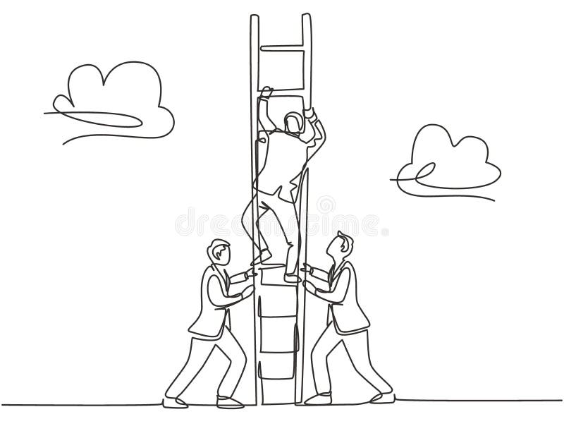 One continuous line drawing of team members support their leader to climb the ladder to reach the sky to reach the success. Trendy