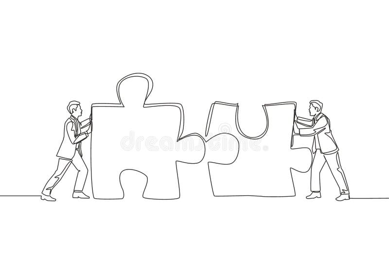 One continuous line drawing of two young businessmen push puzzle pieces to unite them as sign to start business collaboration vector illustration