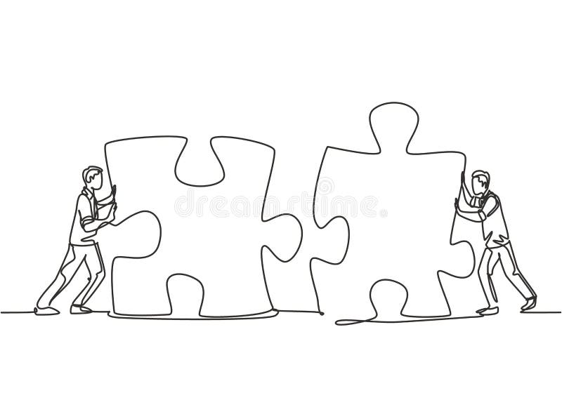 One continuous line drawing of two young businessmen push puzzle pieces to unite them as sign to start business collaboration. vector illustration