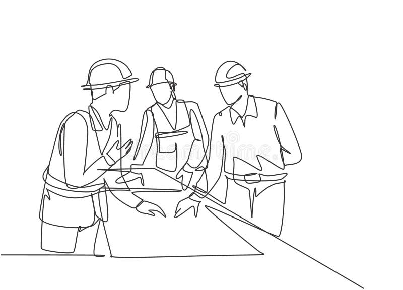 One continuous line drawing of young architects discussing construction design blueprint at office meeting. Building architecture vector illustration