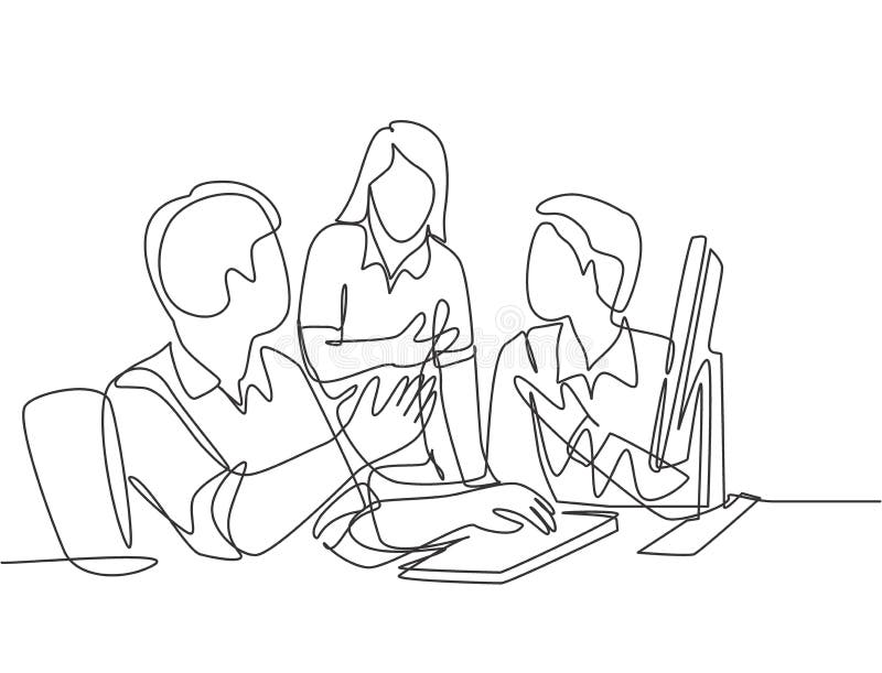 One continuous line drawing of young businessmen discussing new product launch during team meeting. Business innovation discussion royalty free illustration