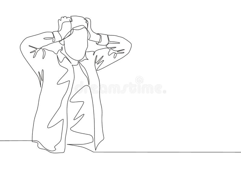 One continuous line drawing of young despair businessman holding his head at the office. Under pressure business life concept