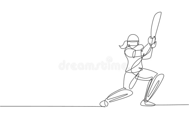 One Continuous Line Drawing Of Young Happy Woman Cricket Player Focus