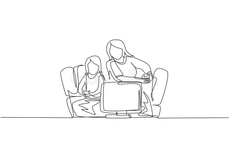 One continuous line drawing of young mother and daughter sitting on sofa while playing video game together at home. Happy family parenthood concept. Dynamic single line draw design vector illustration